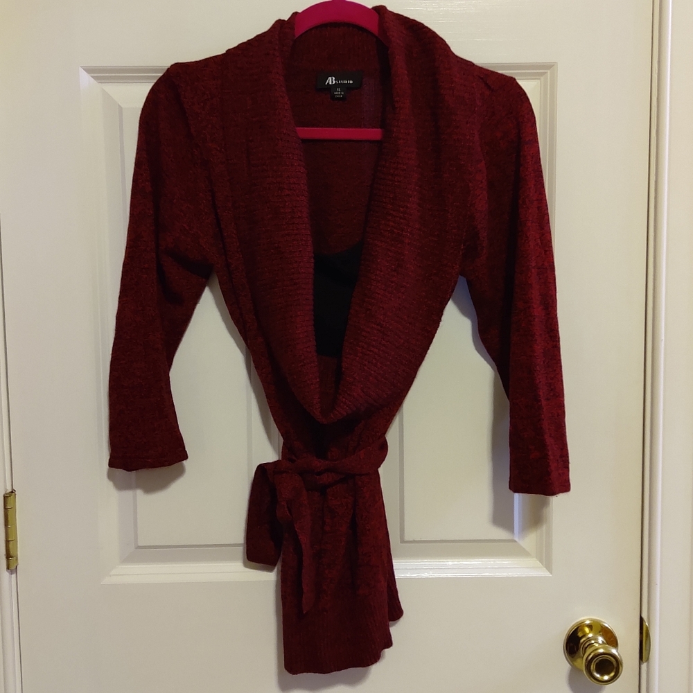 Ladies Red/Black Cowl Neck Sweater with tie. By AB Studio. Size XL